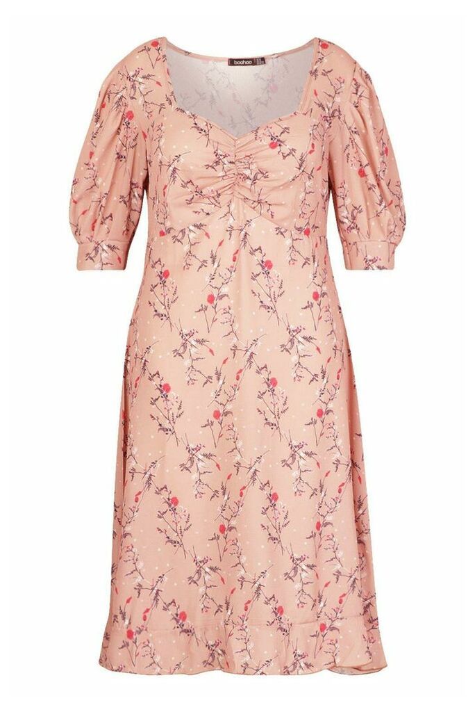 Womens Plus Floral Ruched Detail Midi Dress - Pink - 28, Pink