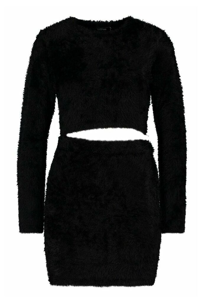 Womens Fluffy Knit Skirt Set - black - L, Black