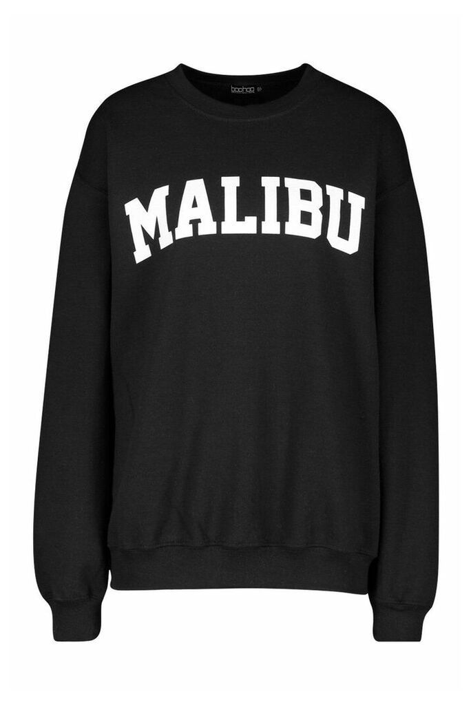 Womens Petite 'Malibu' Slogan Sweat Top - black - S, Black