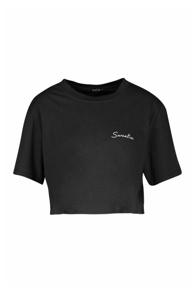 Womens Petite 'Sweetie' Slogan Cropped T-Shirt - black - L, Black