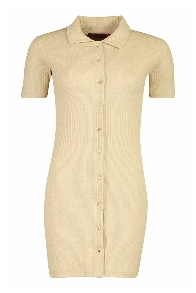 Womens Rib Button Through T-Shirt Dress - beige - 14, Beige