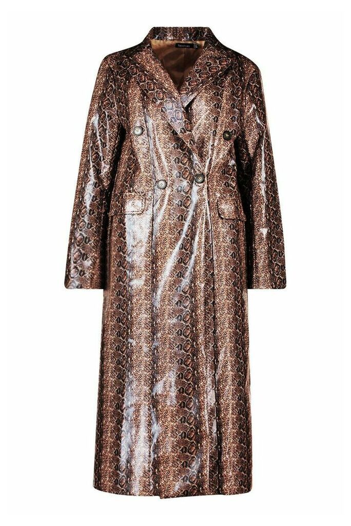 Womens Snake Print Faux Leather Trench - Brown - 8, Brown