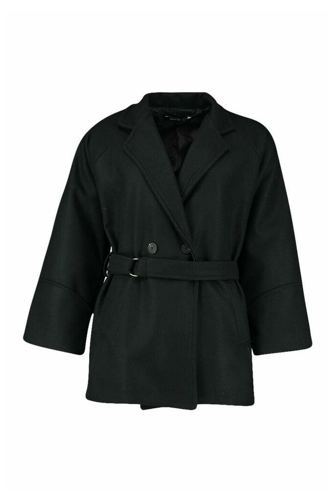 Womens Ring Detail Belted Wool Look Coat - Black - 12, Black