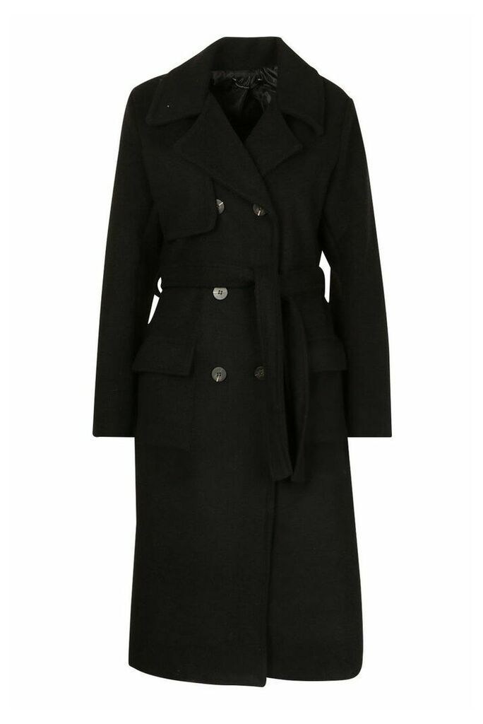 Womens Double Breasted Trench Wool Look Coat - black - 10, Black