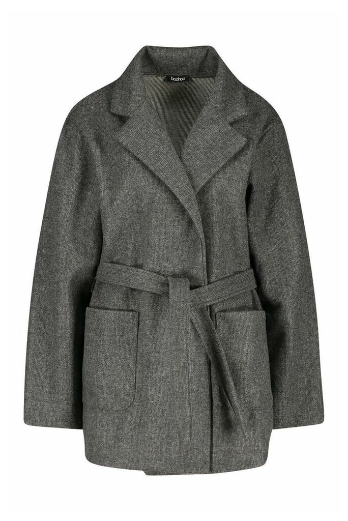 Womens Wool Look Marl Belted Coat - grey - 10, Grey