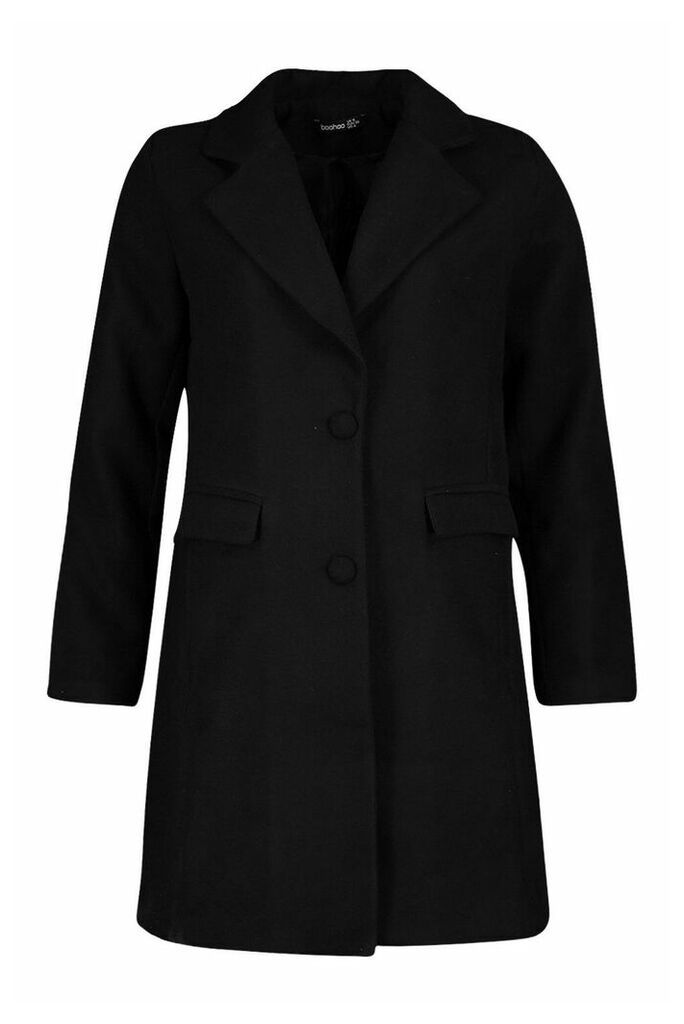 Womens Tailored Self Fabric Button Wool Look Coat - black - 8, Black
