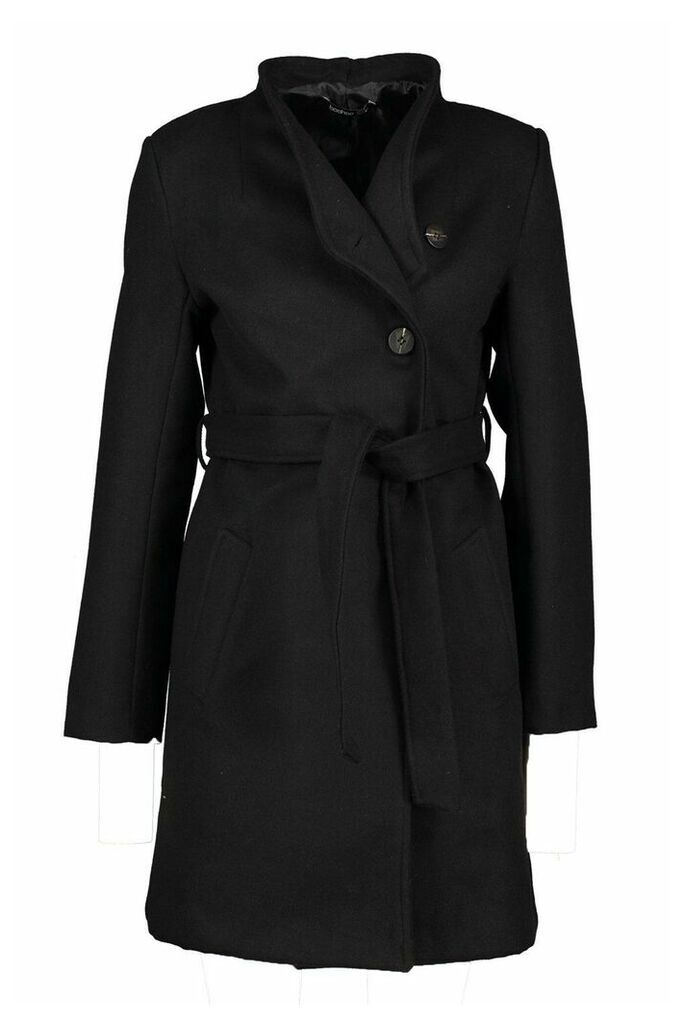 Womens Tailored Button Through Tie Waist Wool Look Coat - black - 10, Black