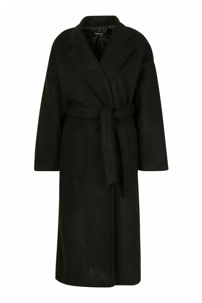 Womens Petite Belted Patch Pocket Longline Wool Look Coat - black - 12, Black