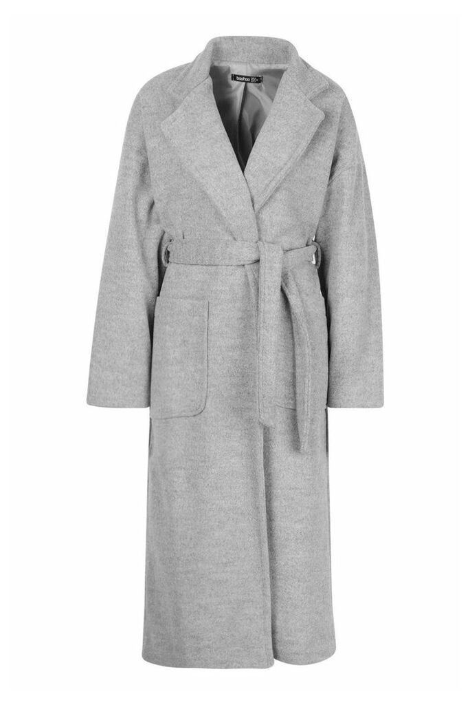 Womens Petite Belted Patch Pocket Longline Wool Look Coat - grey - 4, Grey