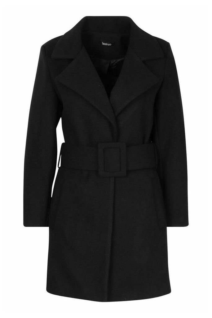 Womens Petite Self Belted Wool Look Coat - Black - 14, Black