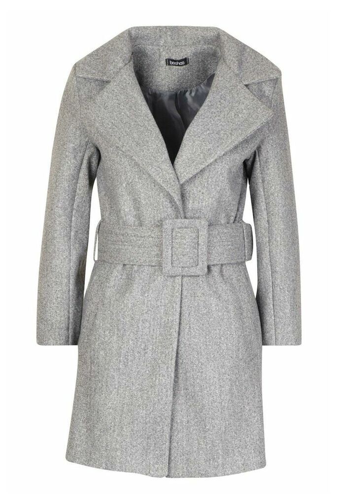 Womens Petite Self Belted Wool Look Coat - Grey - 14, Grey