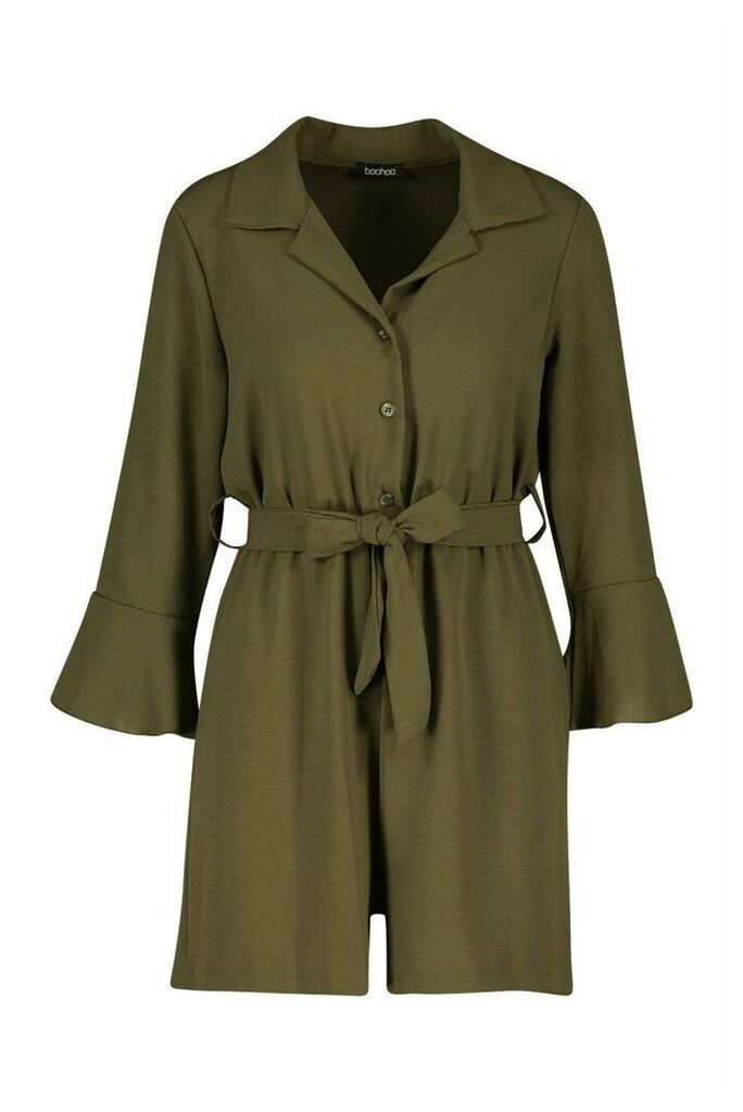 Womens Flare Sleeve Button Front Playsuit - green - 14, Green