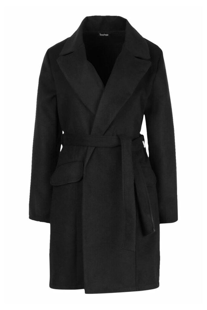 Womens Tie Waist Pocket Detail Wool Look Coat - black - M, Black