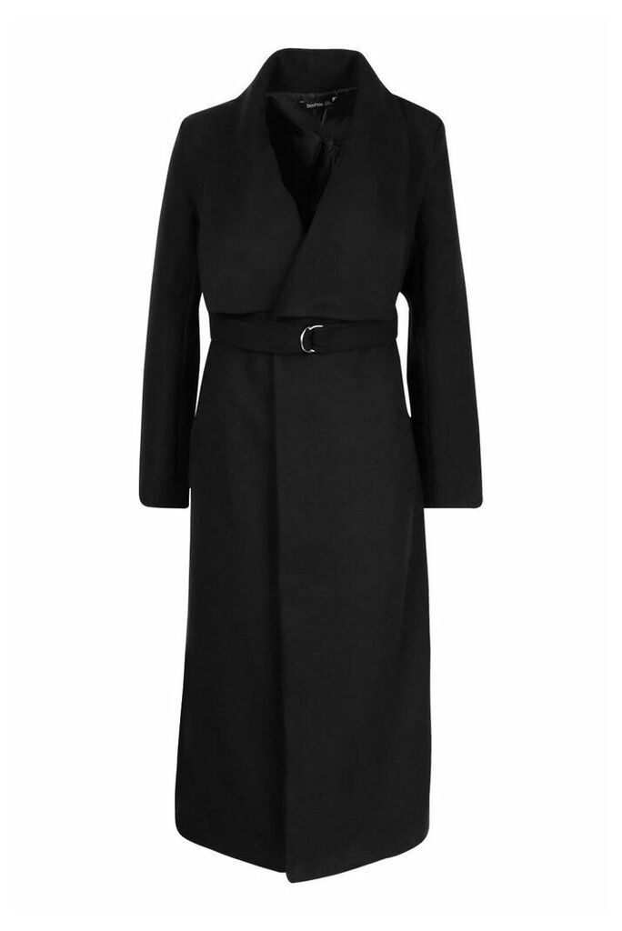 Womens Longline Ring Detail Wool Look Coat - black - 14, Black