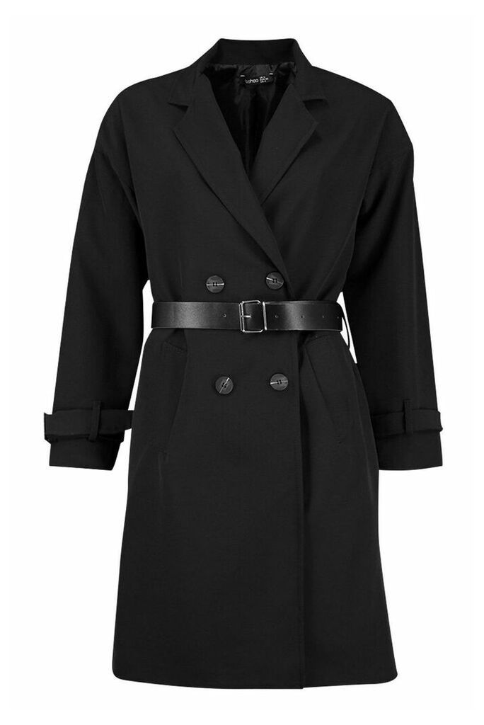Womens Faux Leather Belted Trench Coat - Black - 8, Black