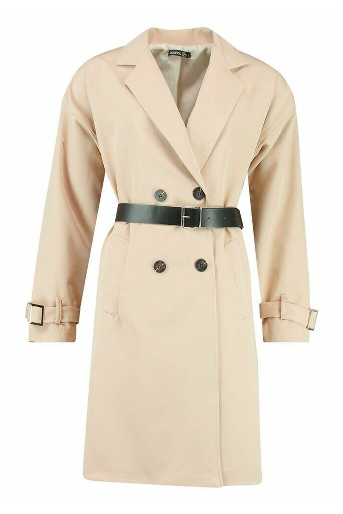 Womens Faux Leather Belted Trench Coat - Beige - 12, Beige