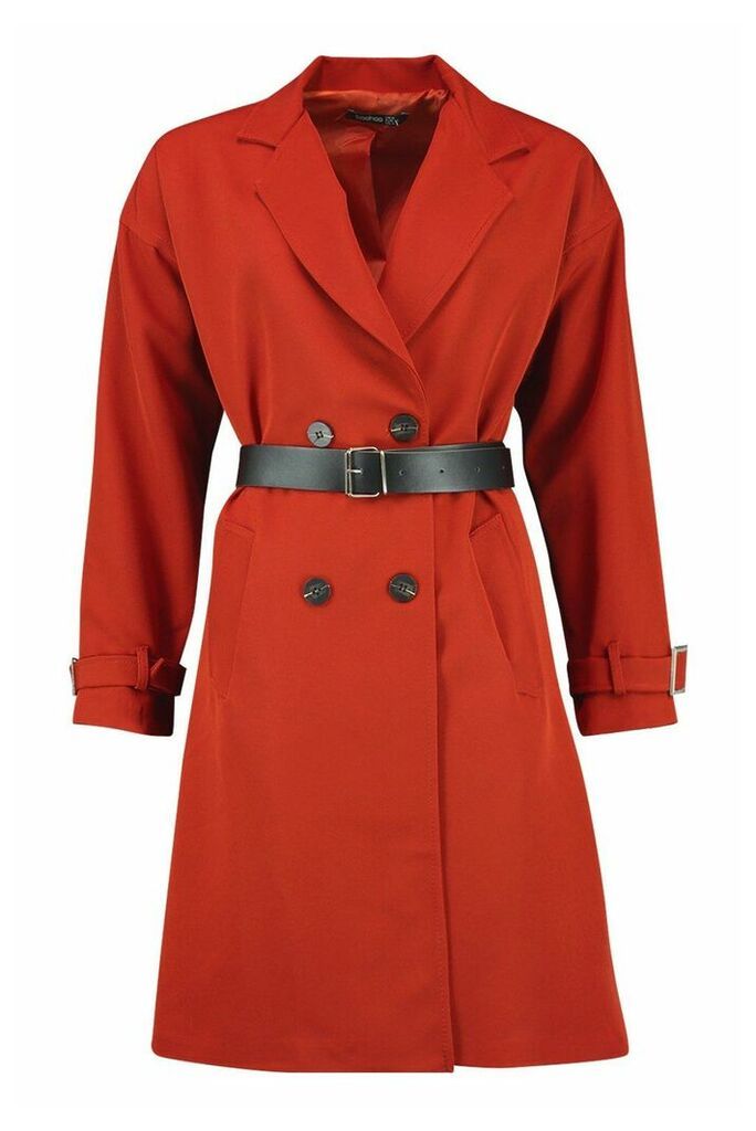 Womens Faux Leather Belted Trench Coat - Orange - 14, Orange