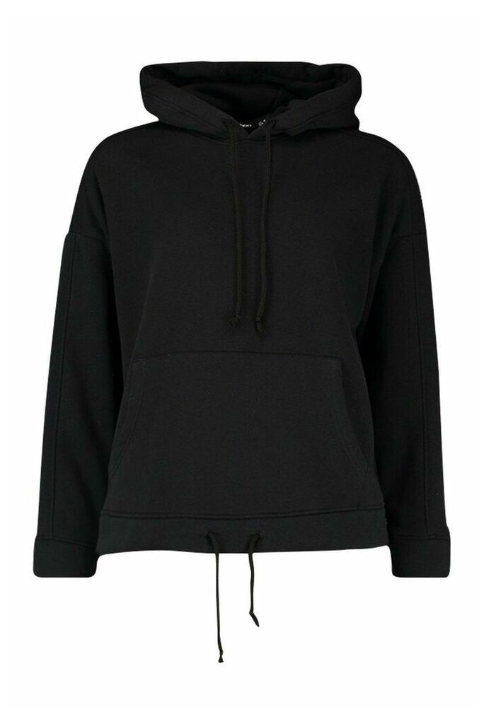 Womens Oversized Pocket Front Drawcord Detail Hoodie - black - S, Black