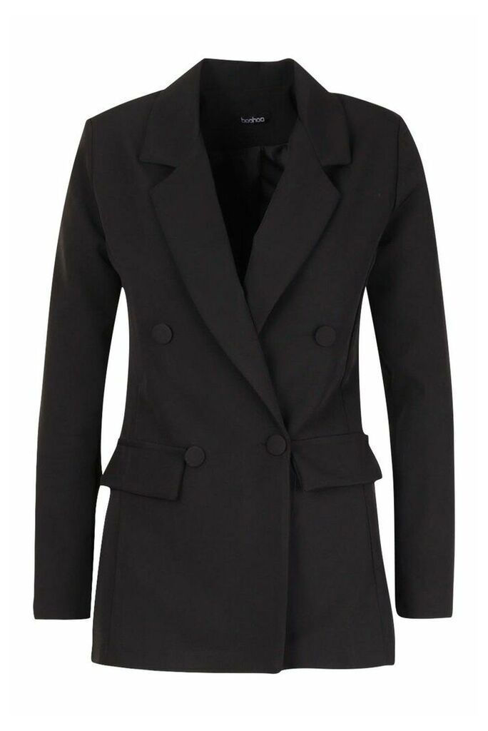 Womens Double Breasted Covered Button Blazer - black - 12, Black