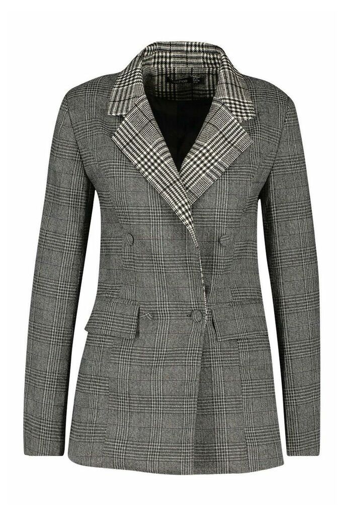 Womens Contrast Check Double Breasted Blazer - grey - 8, Grey