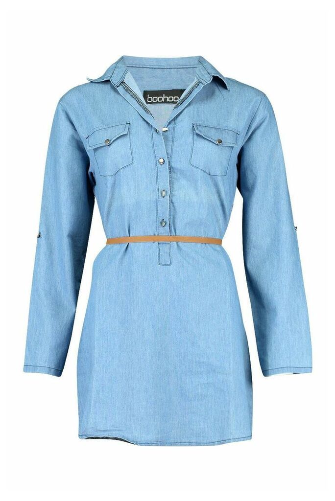 Womens Denim Belted Button Front Shirt Dress - Blue - M, Blue