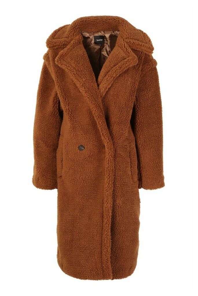 Womens Oversized Teddy Faux Fur Coat - Brown - M, Brown
