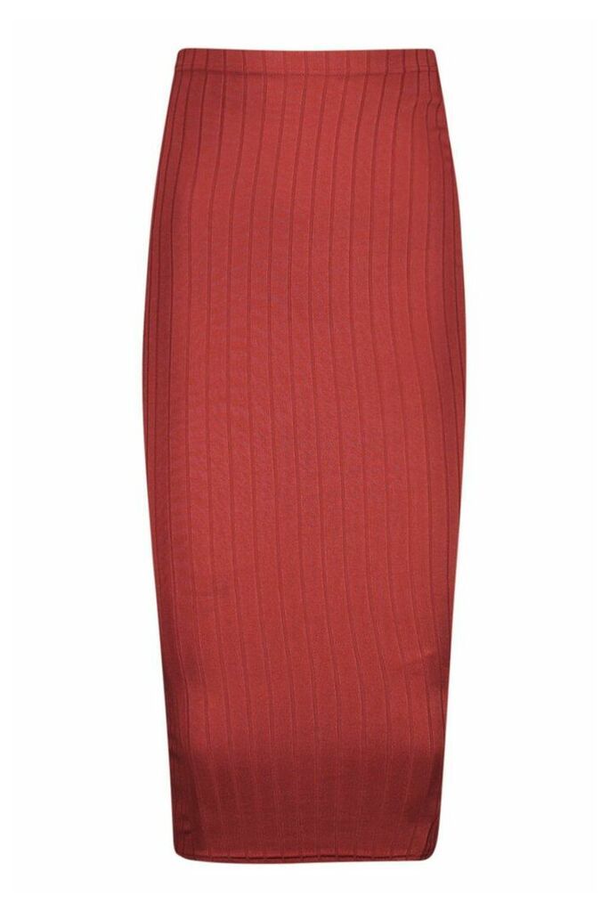 Womens Basic Ribbed High Waist Fitted Midaxi Skirt - Orange - 14, Orange