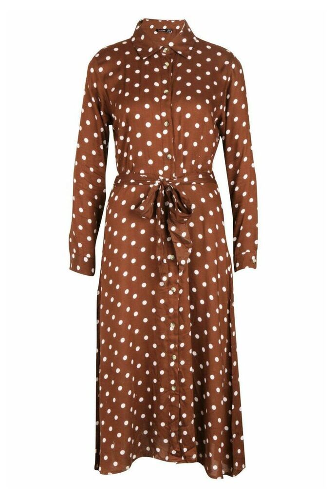 Womens Woven Midi Shirt Dress Spot Print - brown - 14, Brown