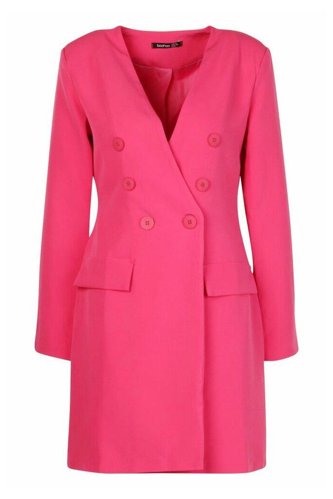 Womens Collarless Double Breasted Blazer Dress - Pink - 10, Pink