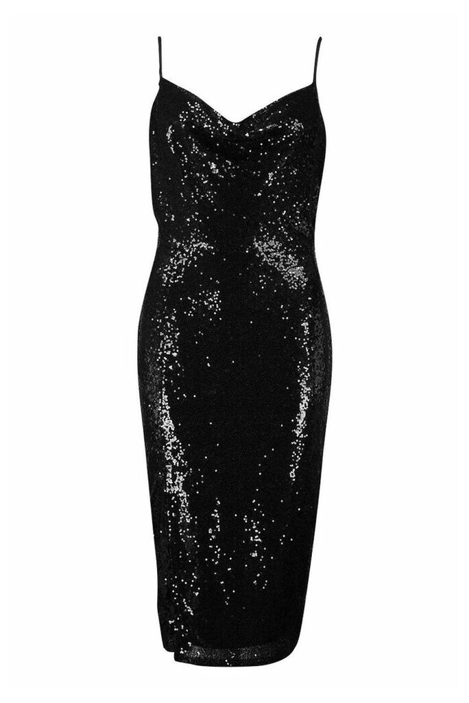 Womens Sequin Cowl Neck Side Split Midi Dress - black - 12, Black