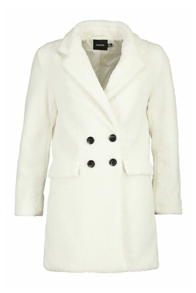 Womens Double Pocket Faux Fur Teddy Coat - white - 16, White