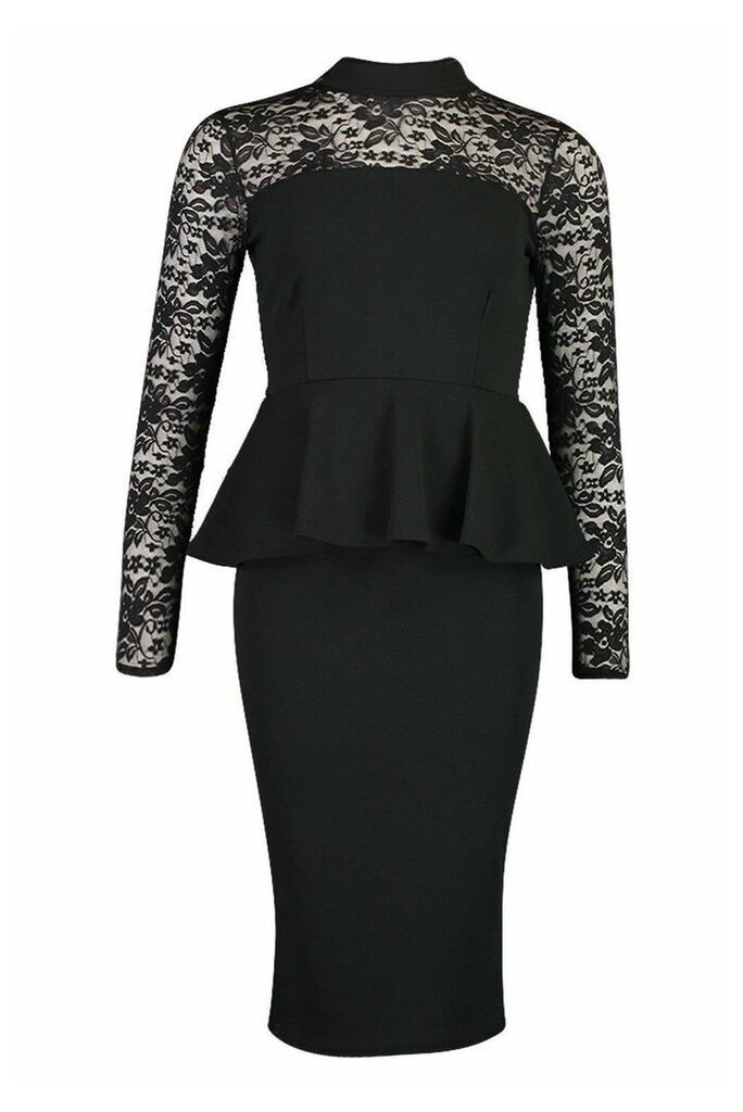 Womens Lace Top High Neck Peplum Midi Dress - black - 8, Black