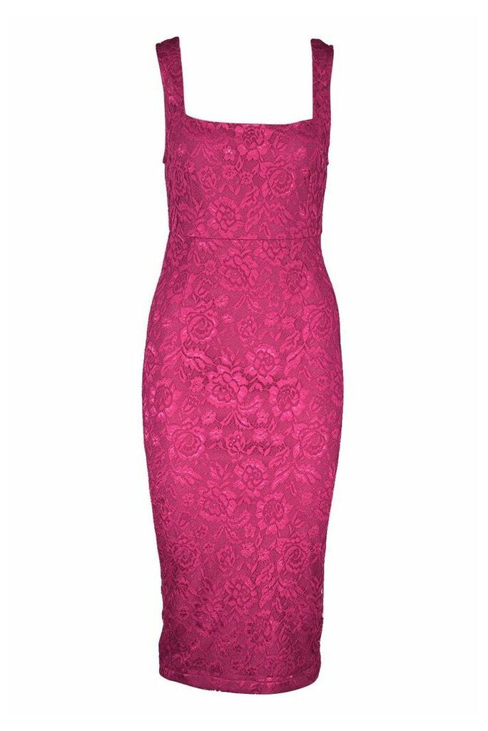 Womens Square Neck Lace Midi Dress - Pink - 14, Pink