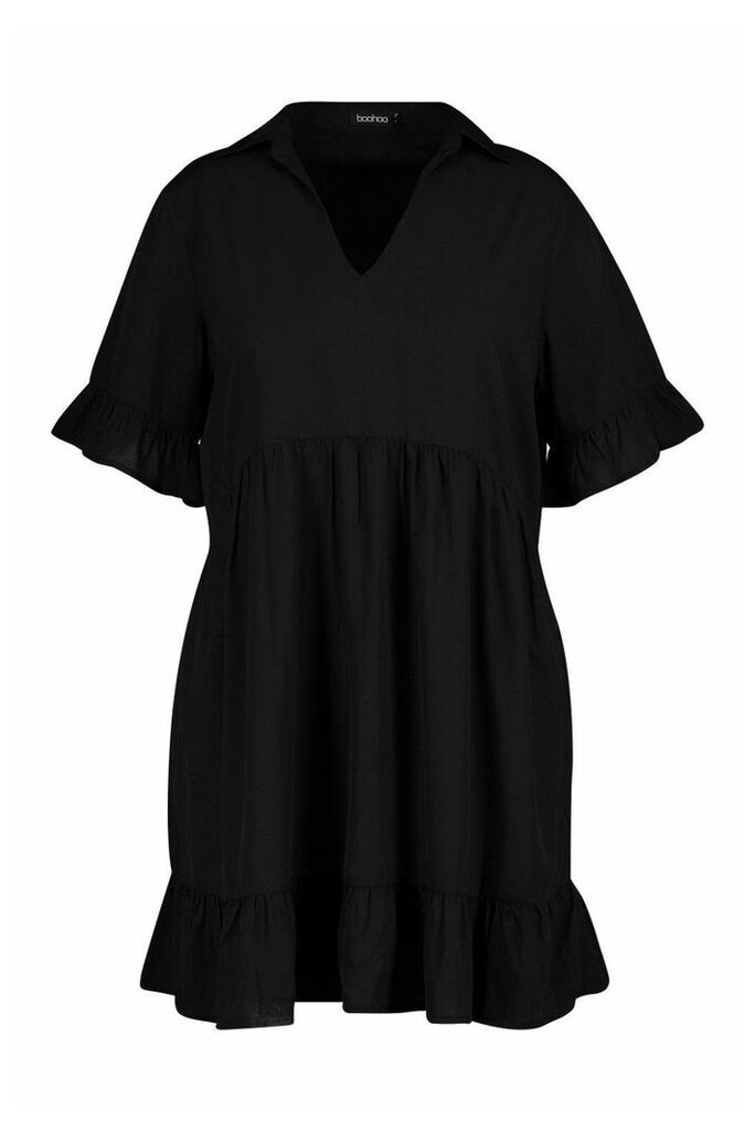 Womens Plus Shirt Ruffle Smock Dress - Black - 20, Black