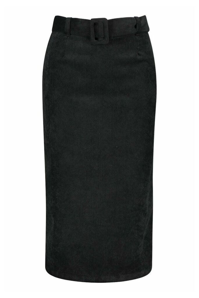 Womens Self Fabric Belted Cord Midi Skirt - Black - 10, Black