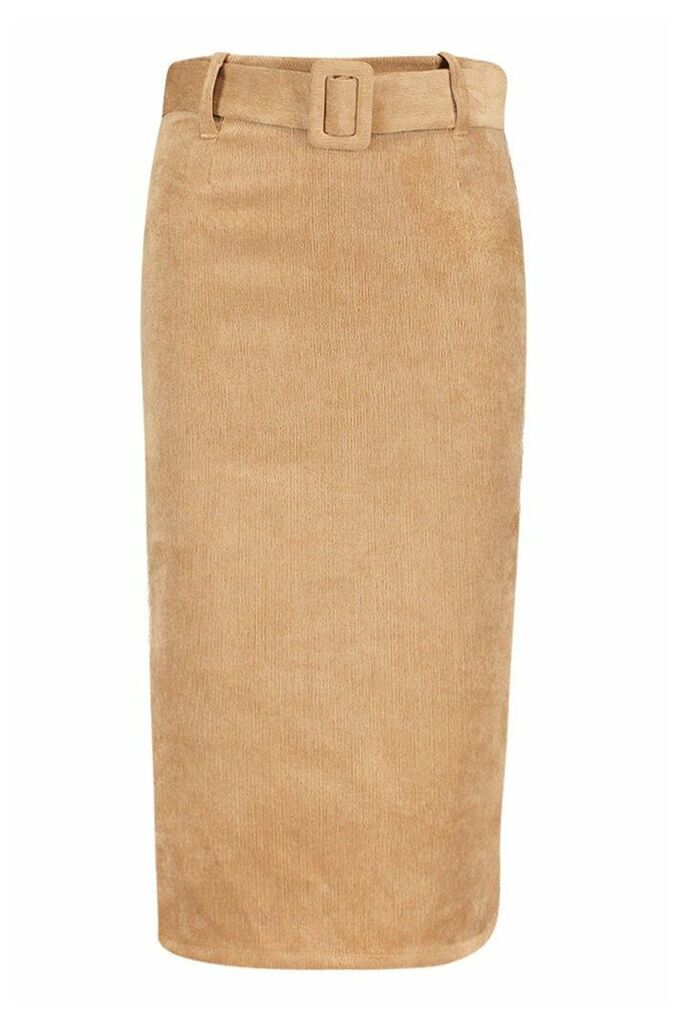 Womens Self Fabric Belted Cord Midi Skirt - Beige - 14, Beige