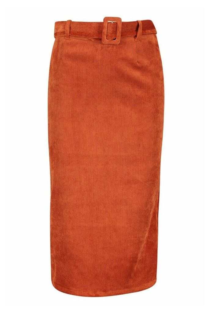 Womens Self Fabric Belted Cord Midi Skirt - Orange - 8, Orange