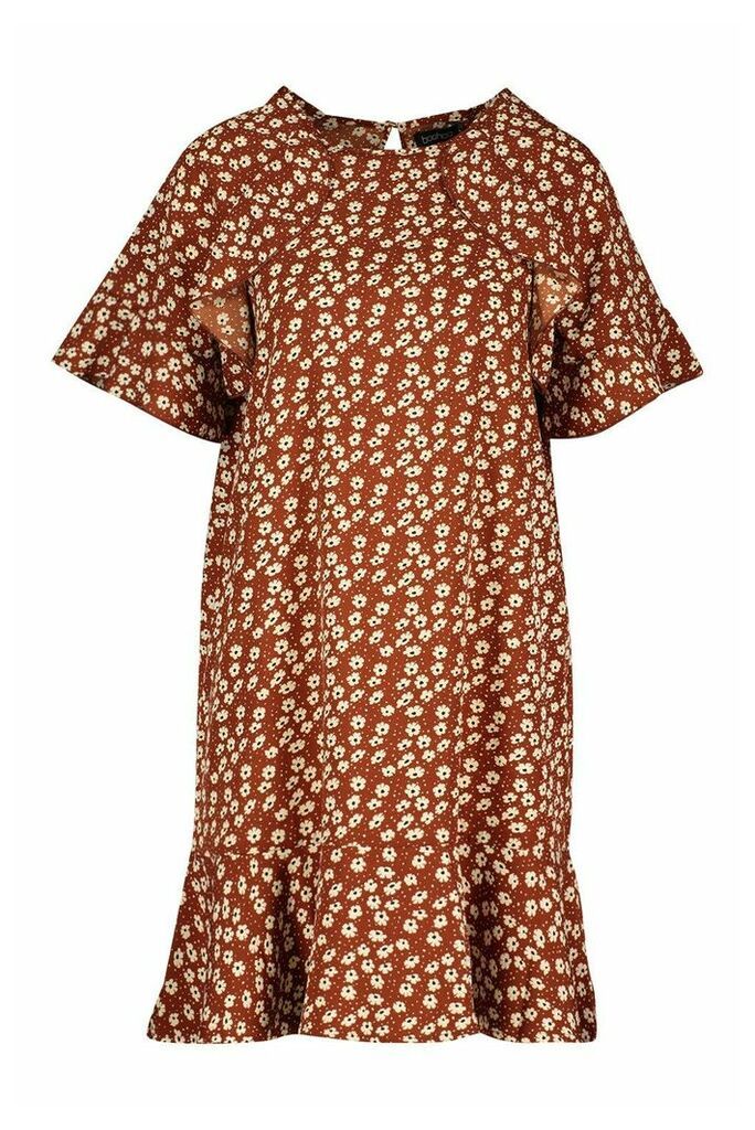 Womens Ruffle Detail Shift Dress - brown - 14, Brown
