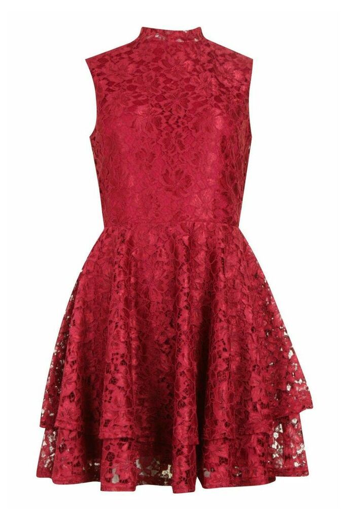 Womens Lace High Neck Frill Full Skater Dress - red - 10, Red