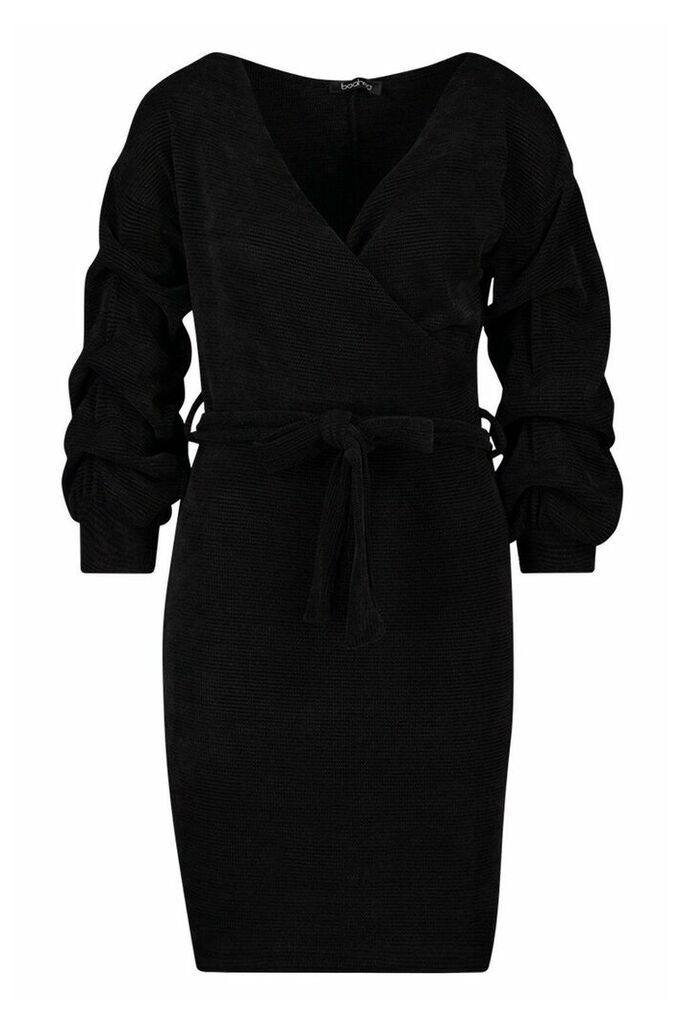 Womens Knitted Ruched Sleeve Belted Mini Dress - Black - 10, Black