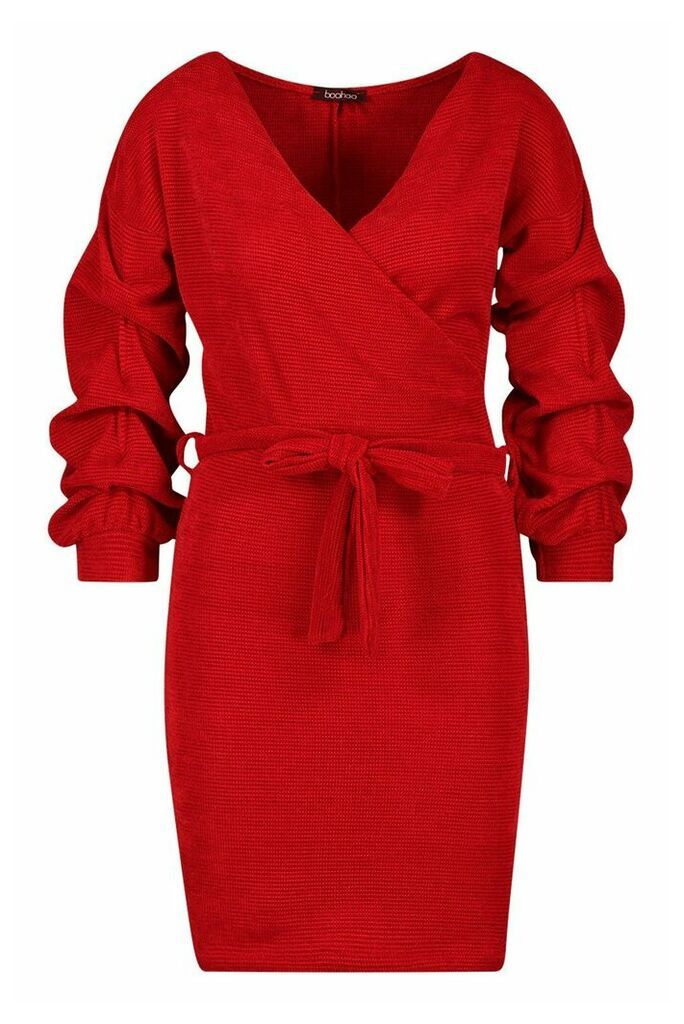 Womens Knitted Ruched Sleeve Belted Midi Dress - red - 10, Red