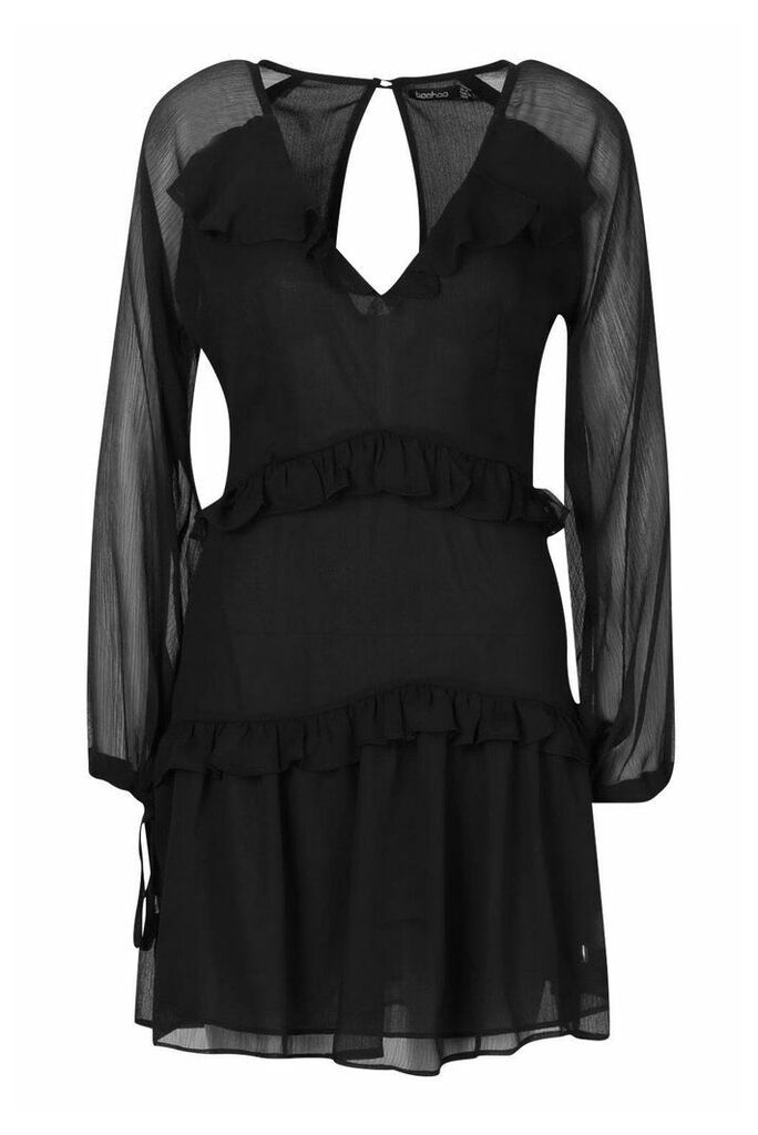 Womens Button Ruffle Skater Dress - Black - 12, Black