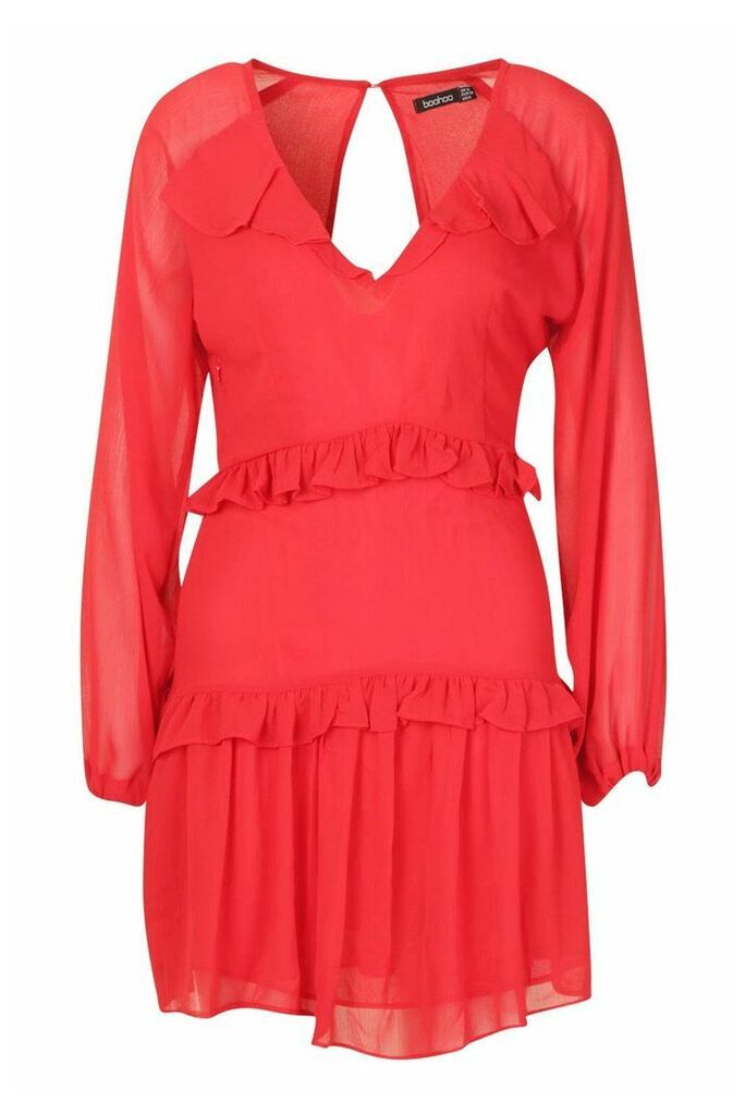 Womens Button Ruffle Skater Dress - Red - 10, Red