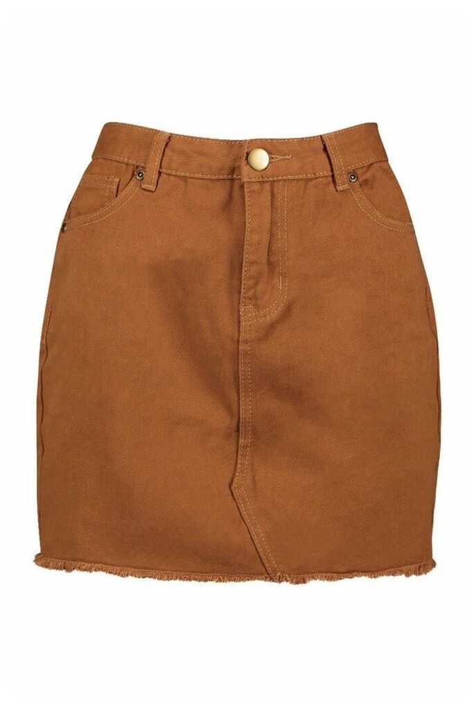 Womens Denim Frayed Hem Mini Skirt - Brown - 10, Brown