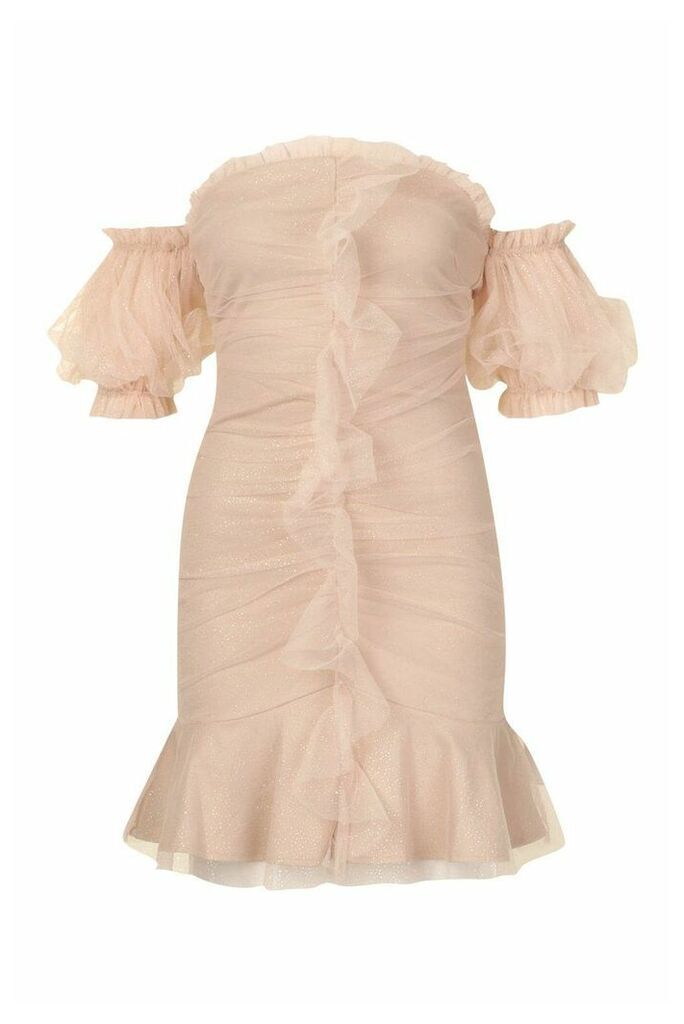 Womens Sparkle Mesh Extreme Puff Sleeve Mini Dress - pink - 10, Pink