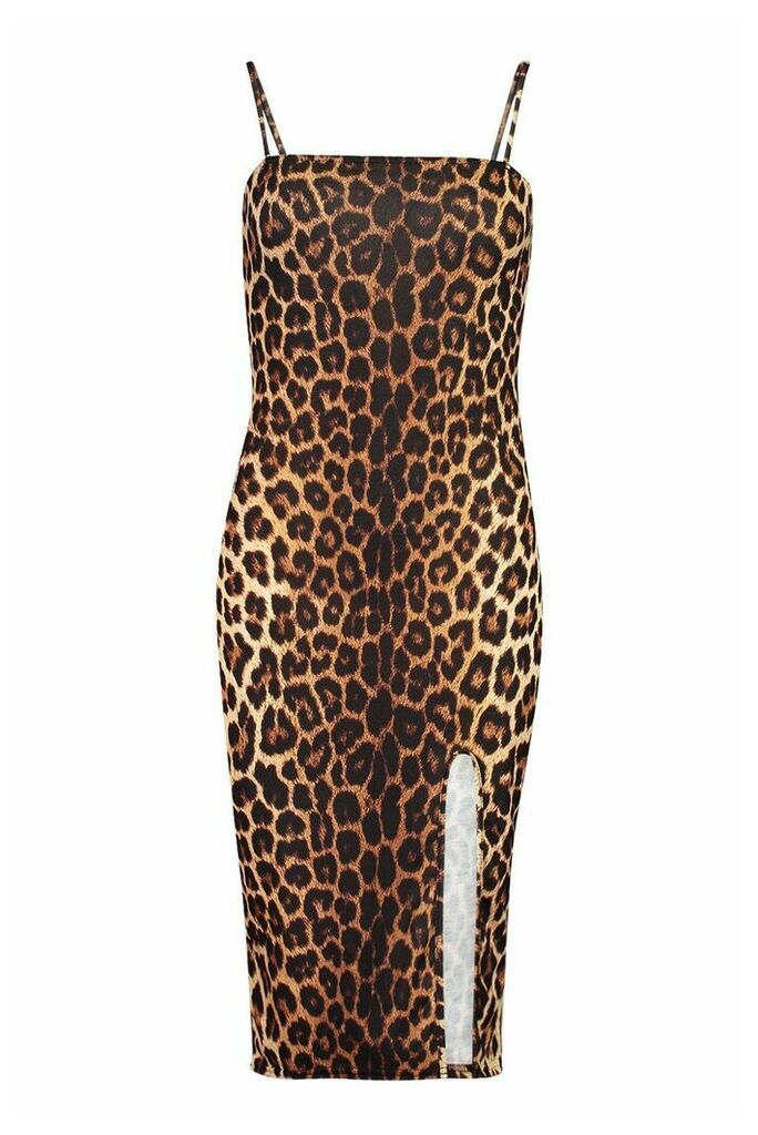 Womens Strappy Leopard Print Split Front Midi Dress - brown - 14, Brown