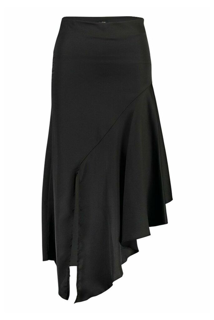 Womens Satin Asymetric Hem Midi Skirt - black - 14, Black