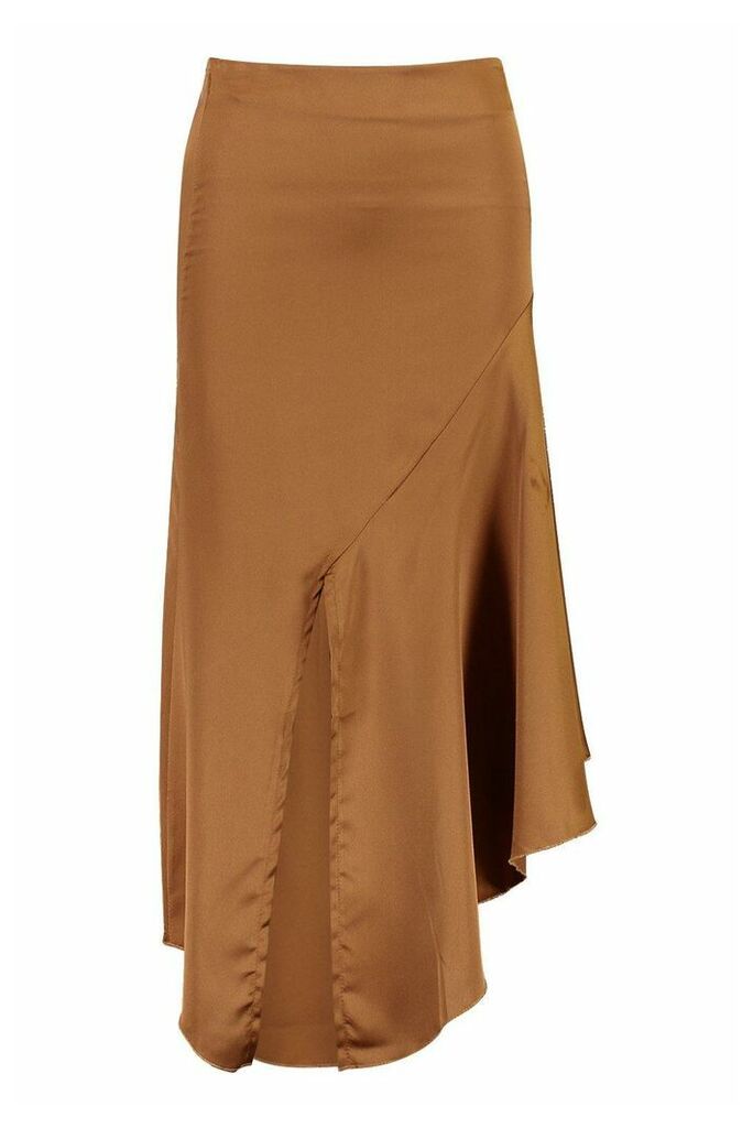 Womens Satin Asymetric Hem Midi Skirt - brown - 16, Brown