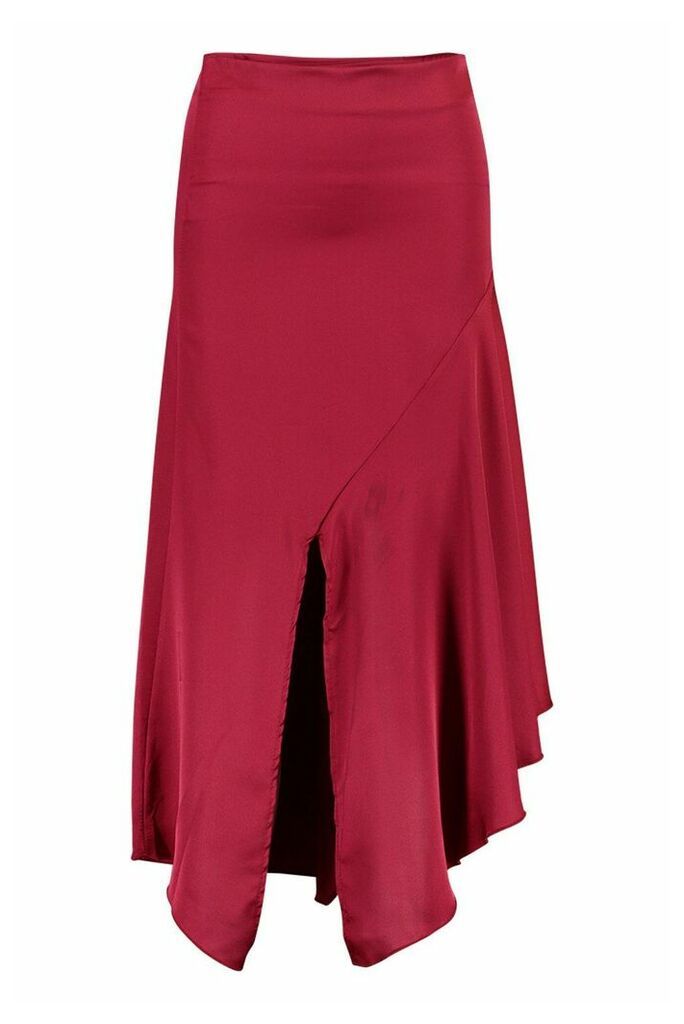 Womens Satin Asymetric Hem Midi Skirt - Red - 16, Red