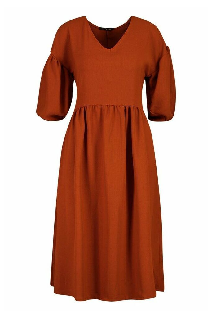 Womens Woven V-Neck Oversized Midi Smock Dress - Orange - 8, Orange